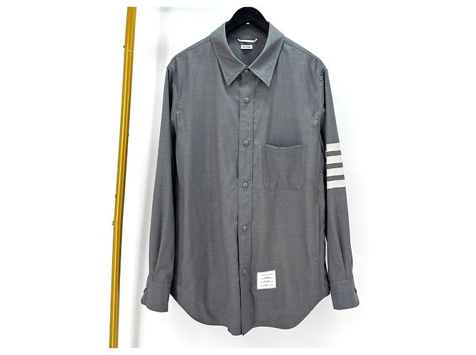 Thom Browne Front Snap Piped Wool Shirt Gray - view 2