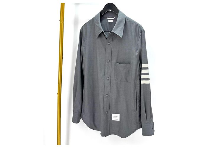 Thom Browne Front Snap Piped Wool Shirt Gray - view 3