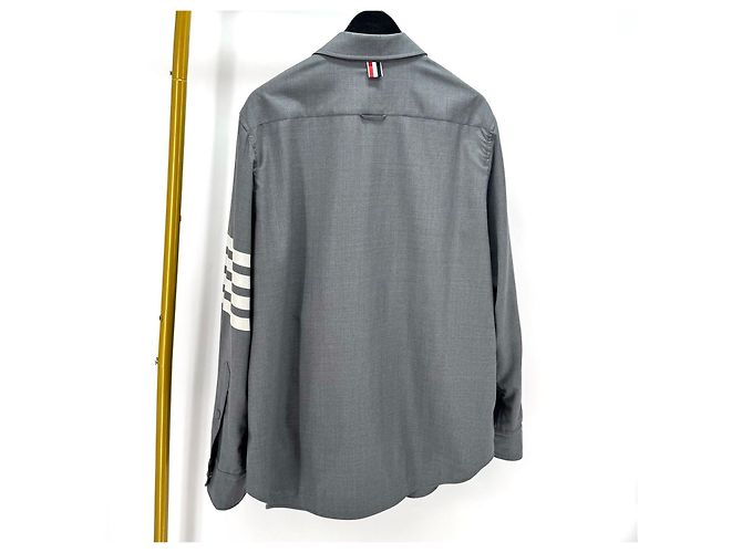 Thom Browne Front Snap Piped Wool Shirt Gray - view 4