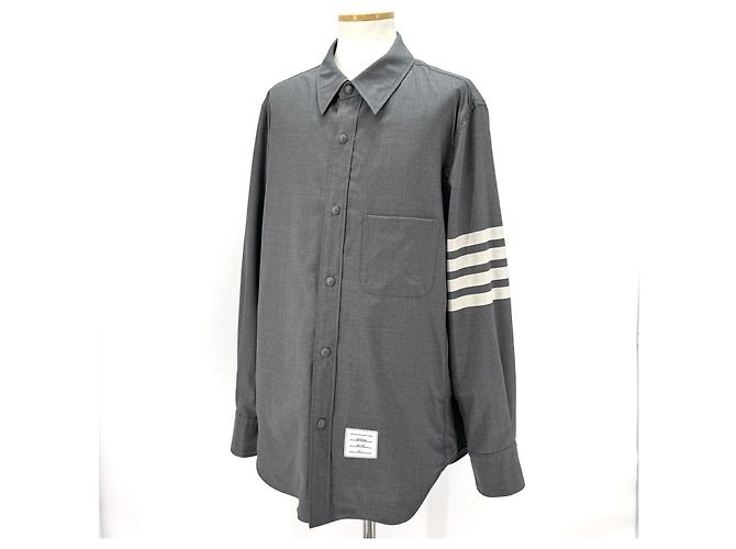 Thom Browne Front Snap Piped Wool Shirt Gray - view 5