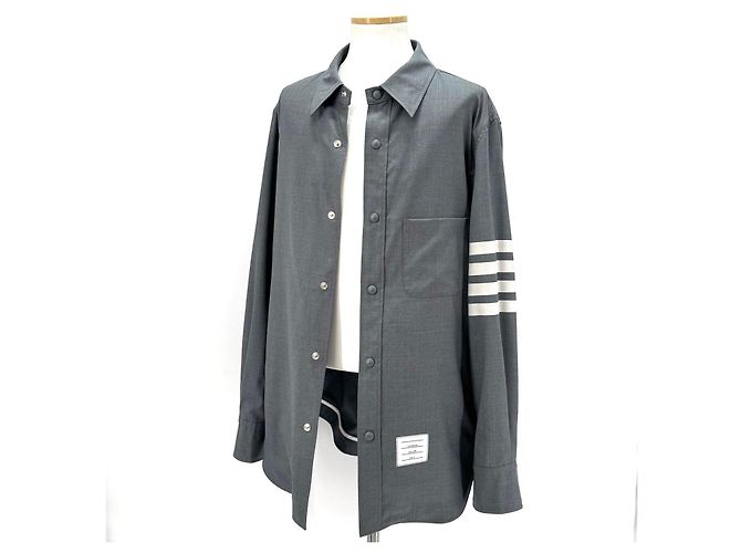 Thom Browne Front Snap Piped Wool Shirt Gray - view 6
