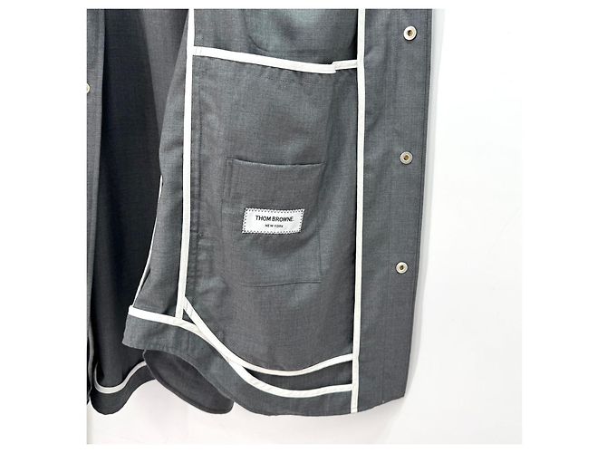 Thom Browne Front Snap Piped Wool Shirt Gray - view 8