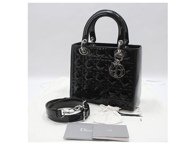 Dior Borsa a tracolla Lady Medium in vernice nera cannage argento Nero - vista 2