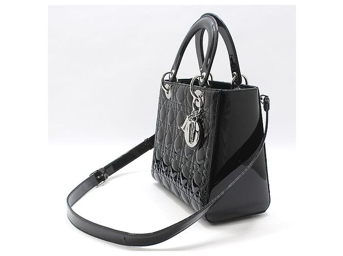Dior Borsa a tracolla Lady Medium in vernice nera cannage argento Nero - vista 3