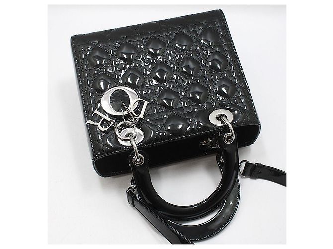 Dior Borsa a tracolla Lady Medium in vernice nera cannage argento Nero - vista 4