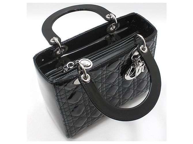 Dior Borsa a tracolla Lady Medium in vernice nera cannage argento Nero - vista 7