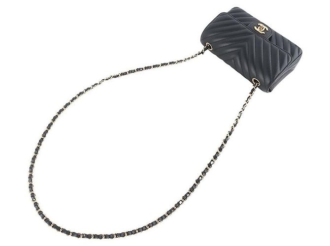 Chanel Mini borsa a tracolla Classic Chevron in agnello con finiture dorate Nero - vista 4