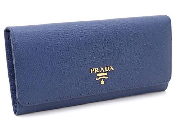 Prada Gold Metal Logo Saffiano Long Wallet Blue - view 2