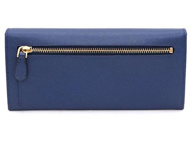 Prada Gold Metal Logo Saffiano Long Wallet Blue - view 3
