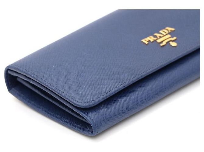 Prada Gold Metal Logo Saffiano Long Wallet Blue - view 4