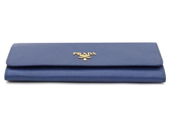 Prada Gold Metal Logo Saffiano Long Wallet Blue - view 5