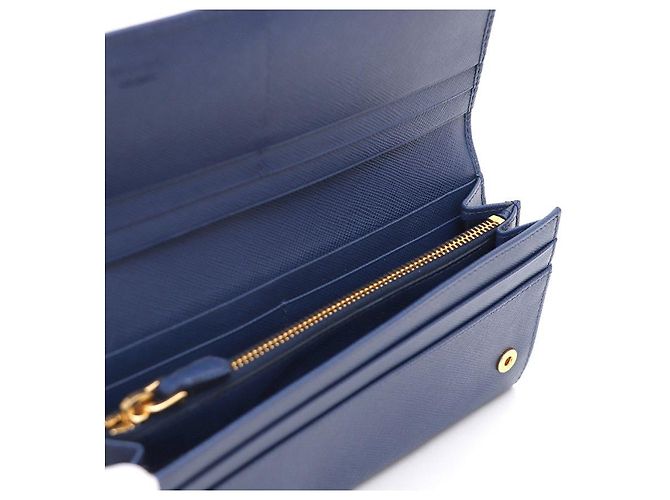 Prada Gold Metal Logo Saffiano Long Wallet Blue - view 6