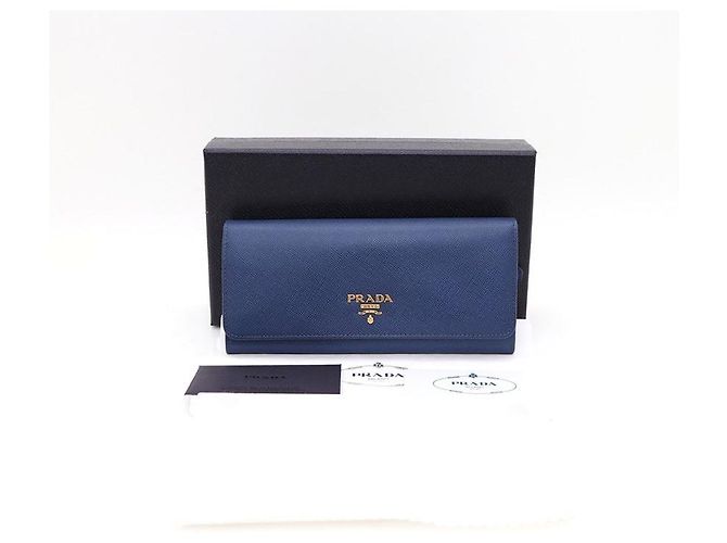 Prada Gold Metal Logo Saffiano Long Wallet Blue - view 7