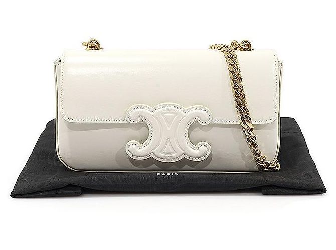 Céline Borsa a tracolla Triomphe in pelle di vitello bianco lucido con catena dorata - vista 2