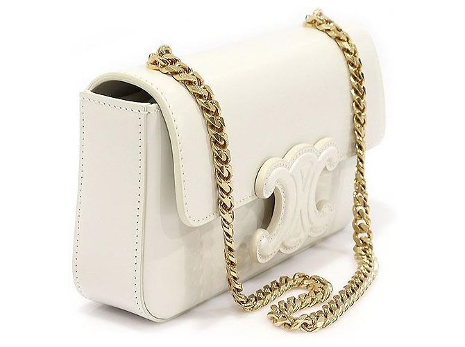 Céline Borsa a tracolla Triomphe in pelle di vitello bianco lucido con catena dorata - vista 3
