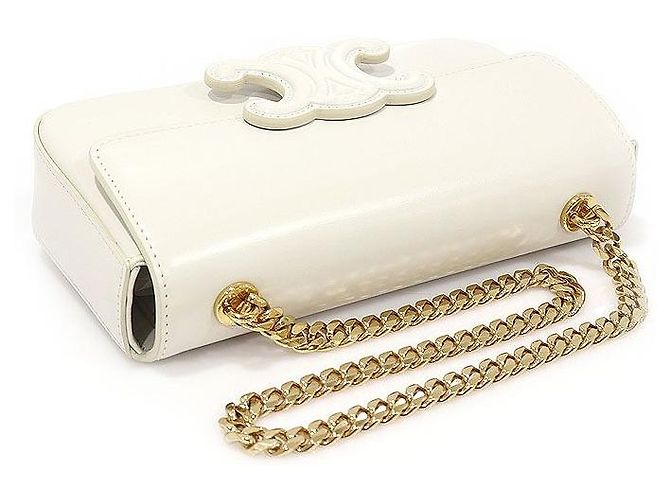 Céline Borsa a tracolla Triomphe in pelle di vitello bianco lucido con catena dorata - vista 4