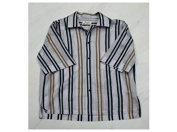 Camicia a maniche corte in cotone a righe Acne Marrone - vista 4