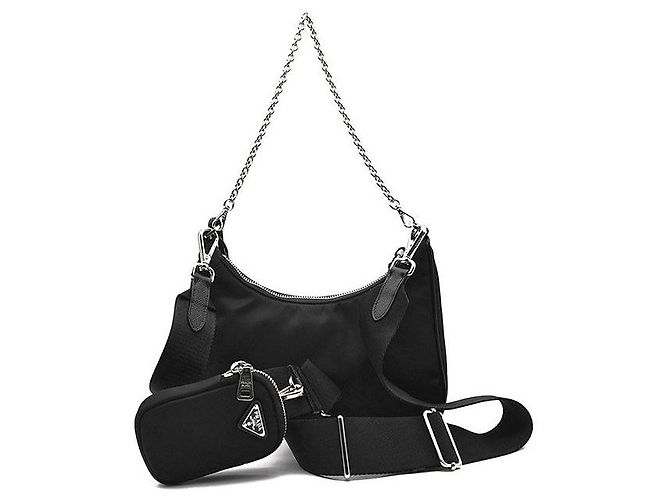 Prada Bolsa Hobo em tecido Re-Nylon com alça de corrente Preto - vista 3