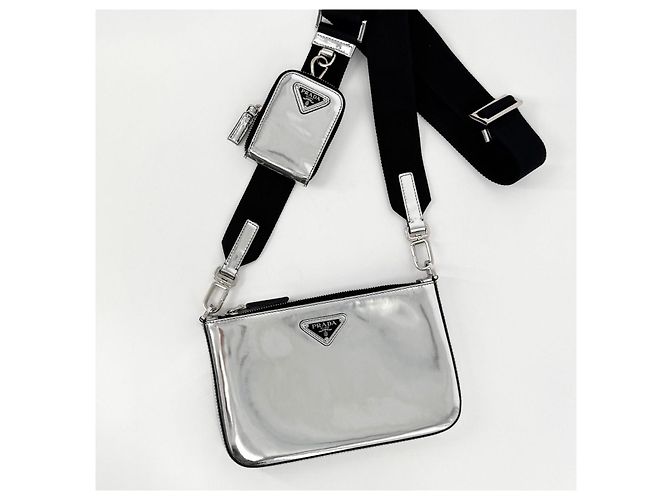 Prada Borsa a tracolla in pelle argento spazzolato - vista 5