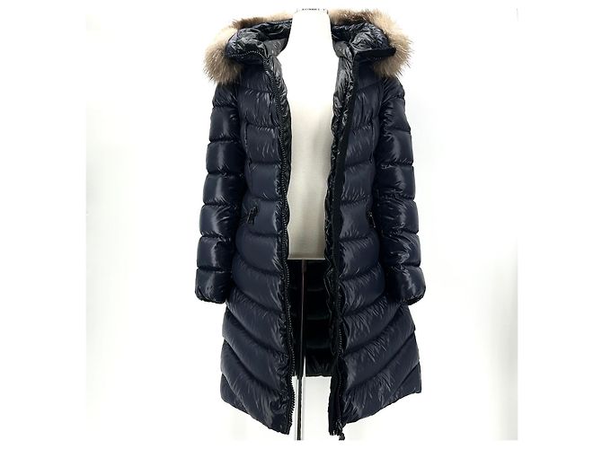 Moncler Apia Fox Fur Long Down Jacket Blue - view 3