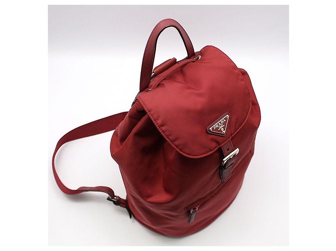 Prada Red Fabric Pocono Nylon Silver Triangle Logo Backpack - view 6