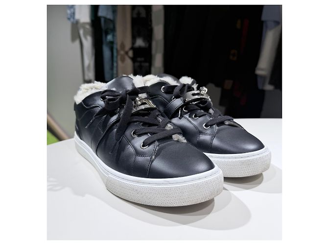 Hermès Sneakers Day in lana e pelle di vitello Palladium Noir Nero - vista 3