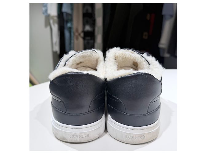 Hermès Sneakers Day in lana e pelle di vitello Palladium Noir Nero - vista 4