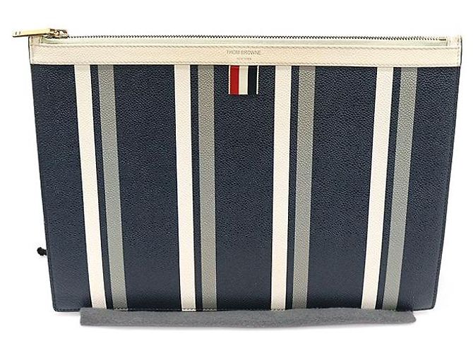 Thom Browne Navy Pebble Grain Leather Stripe Medium Document Holder Clutch Blue - view 2