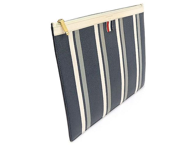 Thom Browne Navy Pebble Grain Leather Stripe Medium Document Holder Clutch Blue - view 3