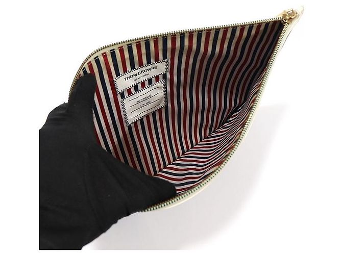 Thom Browne Navy Pebble Grain Leather Stripe Medium Document Holder Clutch Blue - view 4