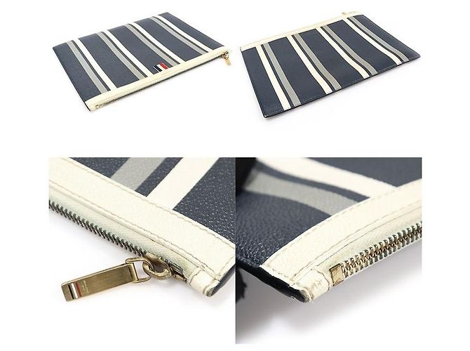 Thom Browne Navy Pebble Grain Leather Stripe Medium Document Holder Clutch Blue - view 5