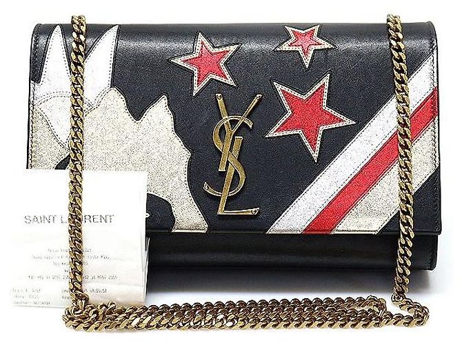 Saint Laurent Borsa a tracolla Kate Small in pelle di vitello nera con patchwork e catena dorata Rockstar Nero - vista 3