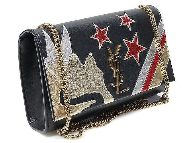 Saint Laurent Borsa a tracolla Kate Small in pelle di vitello nera con patchwork e catena dorata Rockstar Nero - vista 4