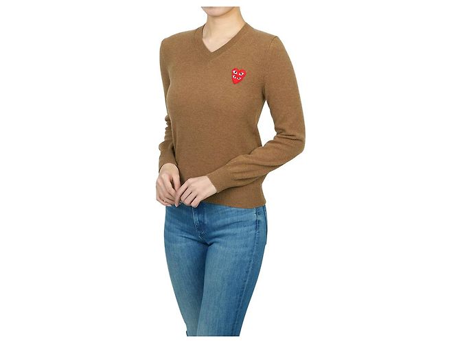 Comme Des Garcons Suéter de malha para mulher com logótipo duplo vermelho AZ Marrom - vista 4