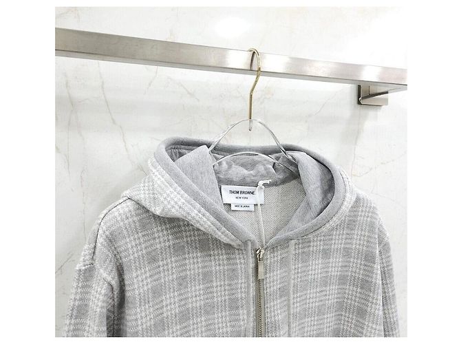 Thom Browne Felpa con cappuccio e zip in jacquard a quadri Argento - vista 3