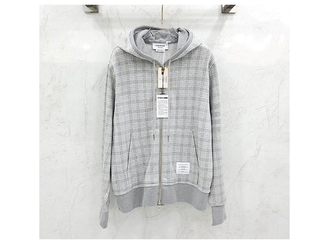 Thom Browne Felpa con cappuccio e zip in jacquard a quadri Argento - vista 6