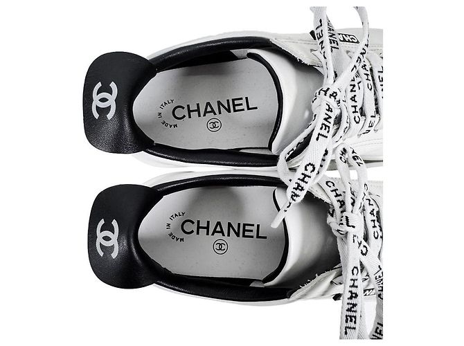 Chanel CC Logo Tennis Leder Schnürsneaker Weiß - Ansicht 13