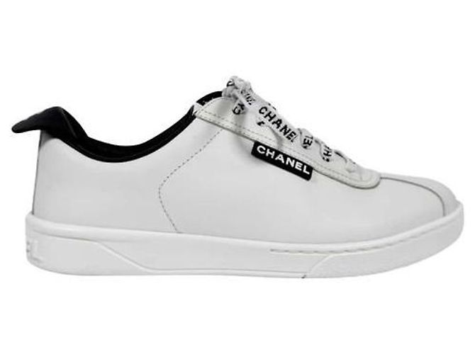 Chanel CC Logo Tennis Leder Schnürsneaker Weiß - Ansicht 2