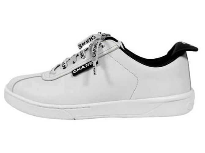 Chanel CC Logo Tennis Leder Schnürsneaker Weiß - Ansicht 6