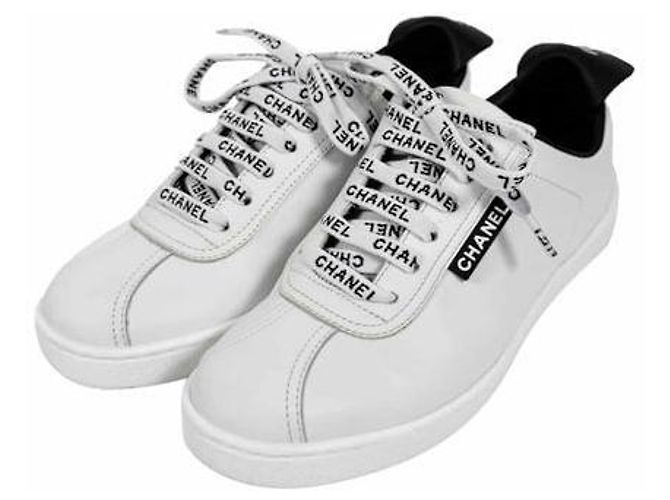 Chanel CC Logo Tennis Leder Schnürsneaker Weiß - Ansicht 7