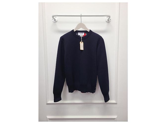 Thom Browne Rundgestrickter Navy-Pullover mit Intarsia-Streifen auf dem Rücken Blau - Ansicht 2