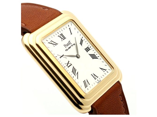Piaget Vintage Unisex Lederuhr Gold Rechteckig Groß Alt Golden - Ansicht 10