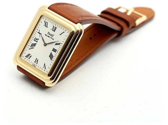 Piaget Vintage Unisex Lederuhr Gold Rechteckig Groß Alt Golden - Ansicht 13