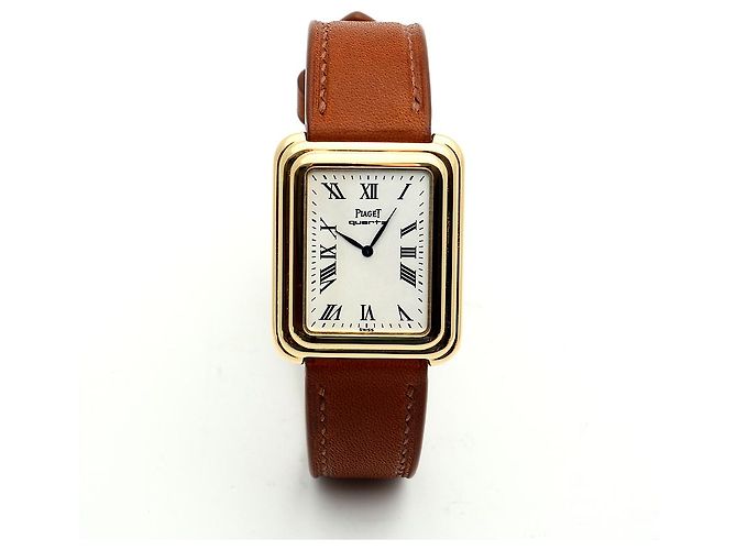 Piaget Vintage Unisex Lederuhr Gold Rechteckig Groß Alt Golden - Ansicht 15