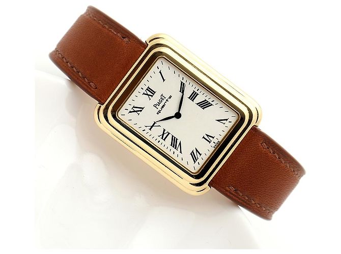Piaget Vintage Unisex Lederuhr Gold Rechteckig Groß Alt Golden - Ansicht 17