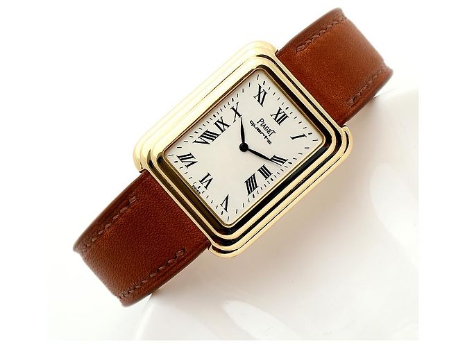 Piaget Vintage Unisex Lederuhr Gold Rechteckig Groß Alt Golden - Ansicht 18