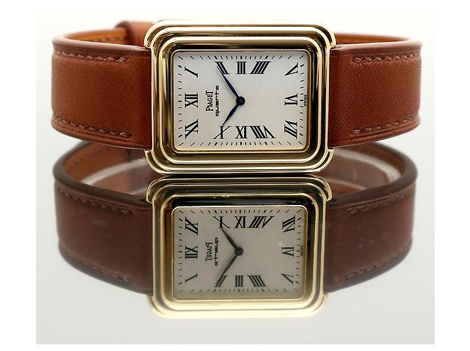 Piaget Vintage Unisex Lederuhr Gold Rechteckig Groß Alt Golden - Ansicht 19