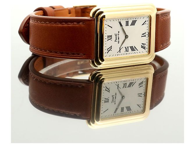 Piaget Vintage Unisex Lederuhr Gold Rechteckig Groß Alt Golden - Ansicht 20