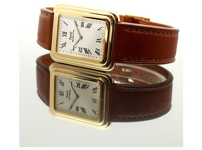 Piaget Vintage Unisex Lederuhr Gold Rechteckig Groß Alt Golden - Ansicht 21