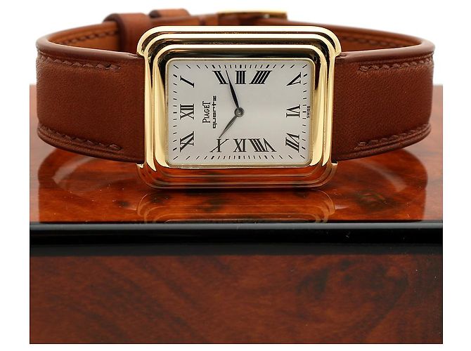 Piaget Vintage Unisex Lederuhr Gold Rechteckig Groß Alt Golden - Ansicht 23